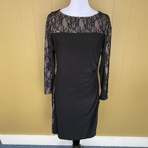 Women M fully lined midi dress w/black lace over tan rouched waist